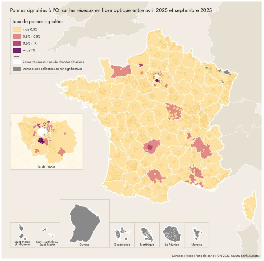 Taux de pannes, signalées par l’opérateur commercial à l’opérateur d’infrastructure, mensuel moyenné sur 6 mois (avril 2025 – septembre 2025) par réseau et par département, données fournies par les opérateurs commerciaux